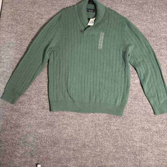 Nautica Sweater Mens XL Hunter Green Shawl Ribbed Knit‎ Casual Pullover NWT - Picture 1 of 13